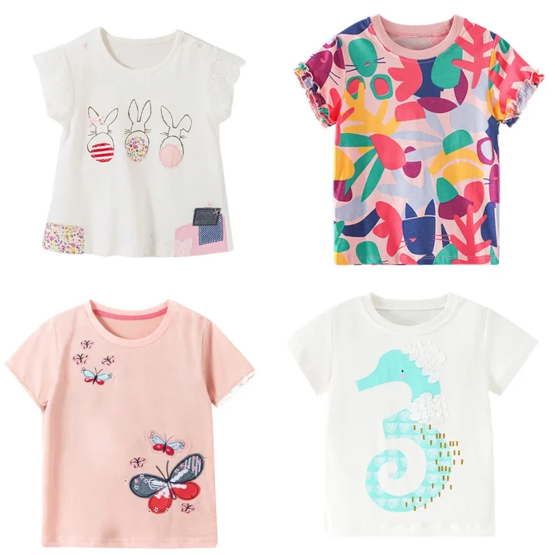 

Jumping Meters Brand New Tees Tops For Baby Girls Clothing Animals Applique Stripe Children's T shirts Girls Tee for Summer