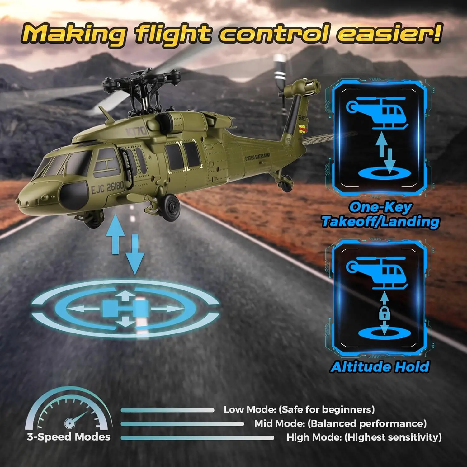 WLtoys K170 Bürstenloser 4-Kanal-RC-Hubschrauber, UH60L Black Hawk im Vollformat, 6-Achsen-Gyroskop, One Key Take-Off/Landing mit 3 Batterien