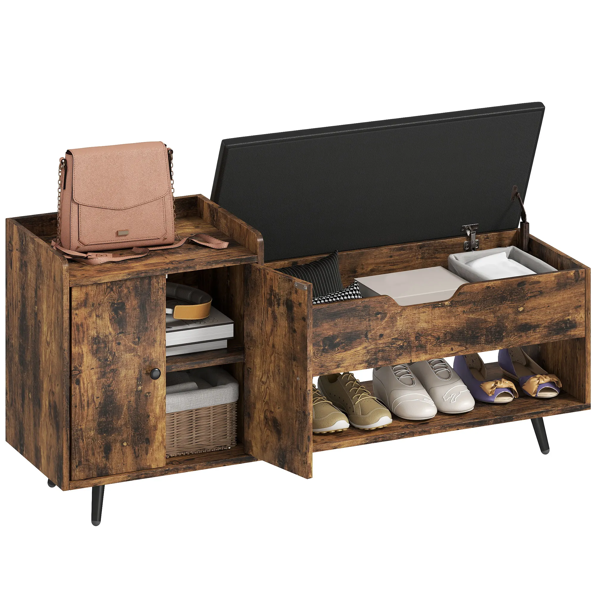 HOMCOM Banco Zapatero Industrial con Asiento Acolchado Compartimento Oculto Estantes Puertas 127x35x59 cm Marrón Rústico