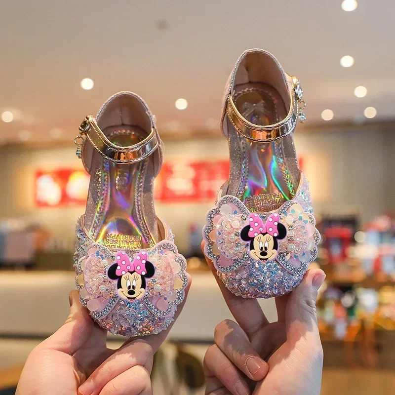 

Disney Mickey Mouse Children's Sandals Fashion Crystal Princess Shoes Spring Summer New Girls Versatile Baotou Half Sandals