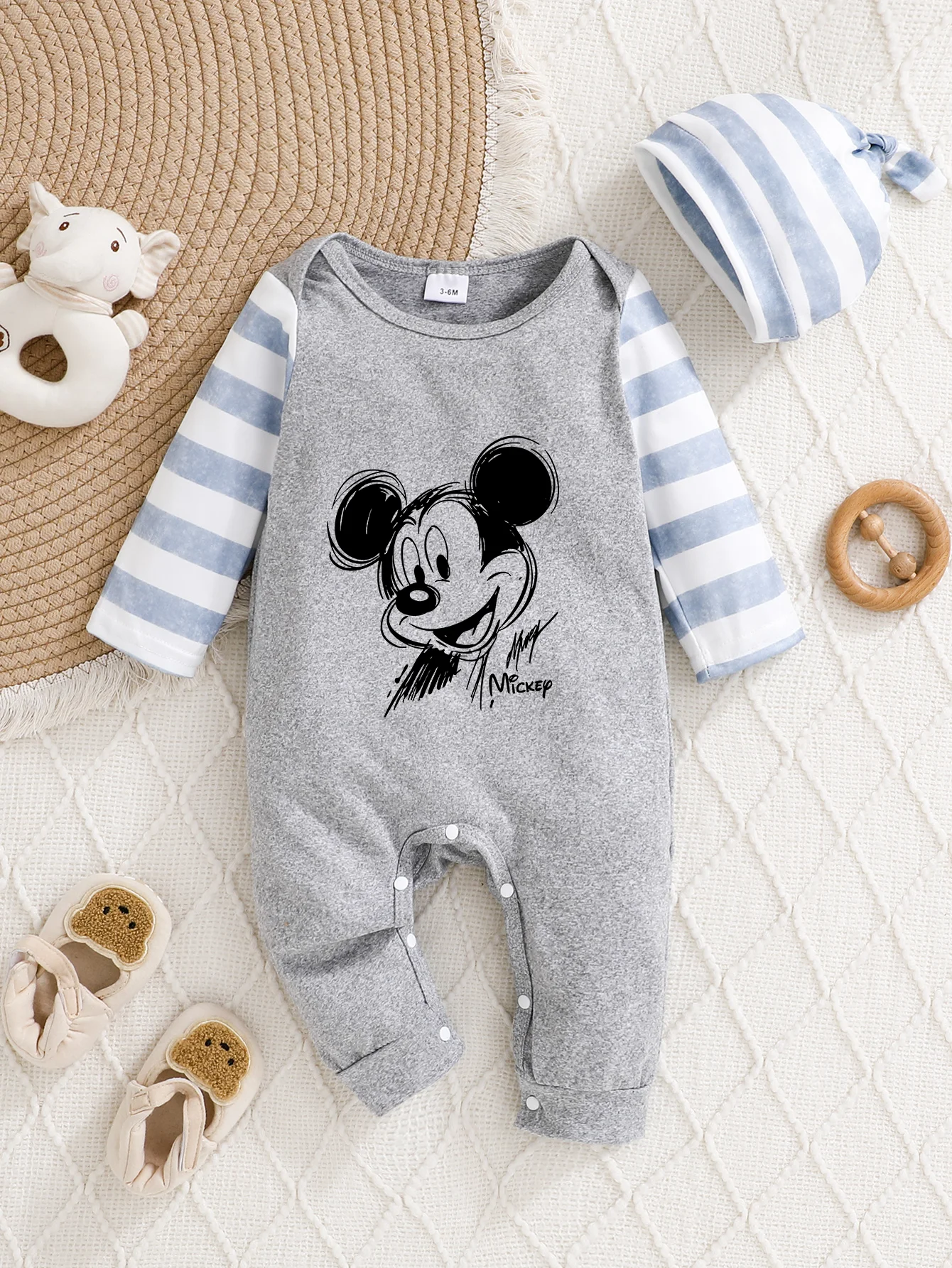 

【Officially Authorized】 Disney Mickey Mouse Baby Hooded Jumpsuit | Gentle & Snuggly Fabric, Striped Sleeve Graphic
