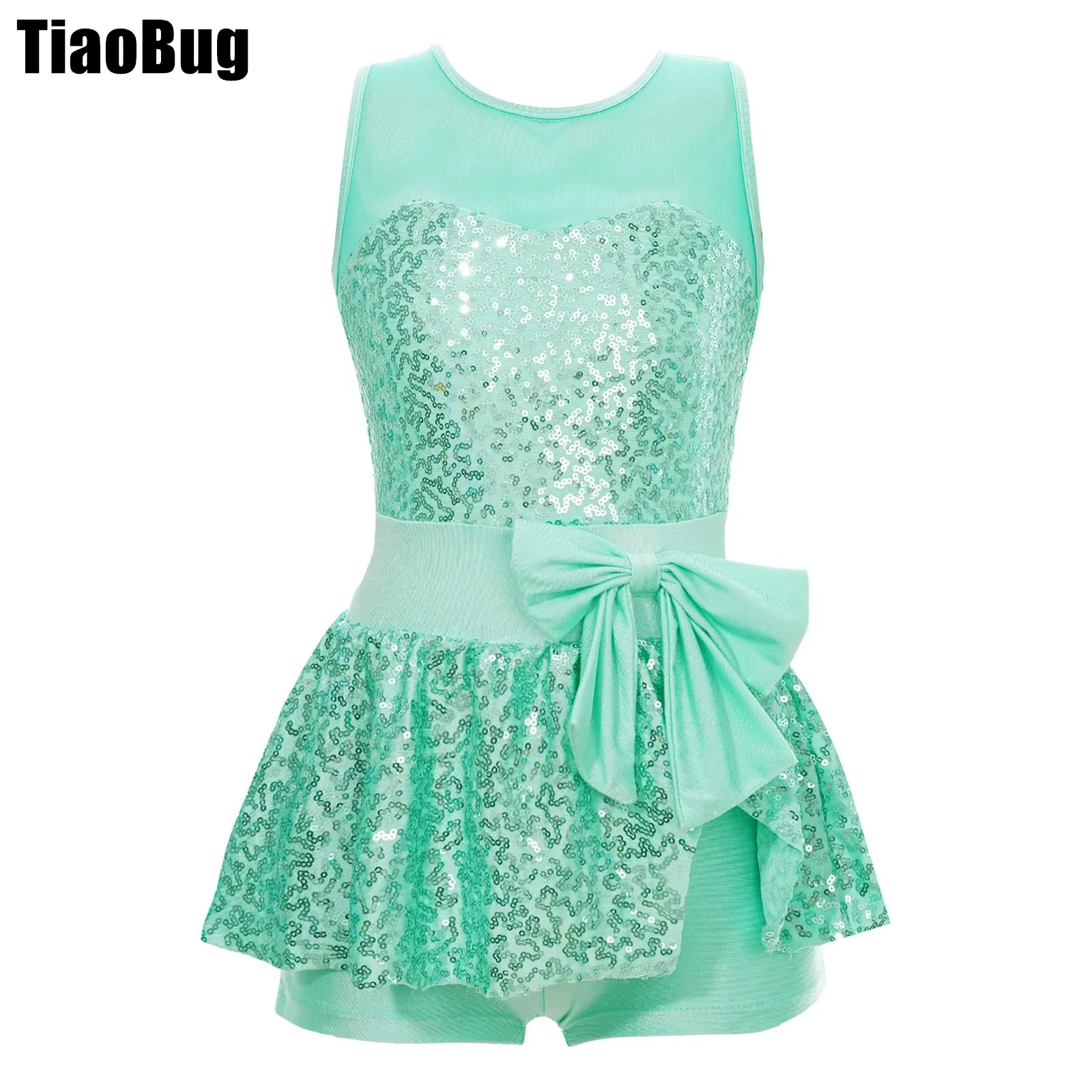 

Kids Girls Sequins Dance Leotard Dress Decorated Bowknot Front Round Neckline Hollow Back Boxer Bottom Stylish Clothing