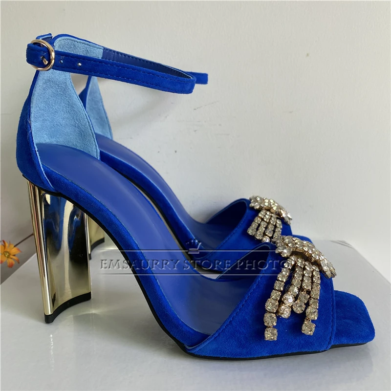 Luxury Suede Ankle Strap Modern Sandals Women Unique Strange Heel Jeweled Crystal Decor Party Shoes Summer