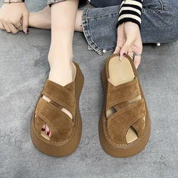 Cow Suede Low Heel Modern Slippers Flat with Summer Women's Shoes on Sale 2024 New Outside Solid Shallow Concise Slippers