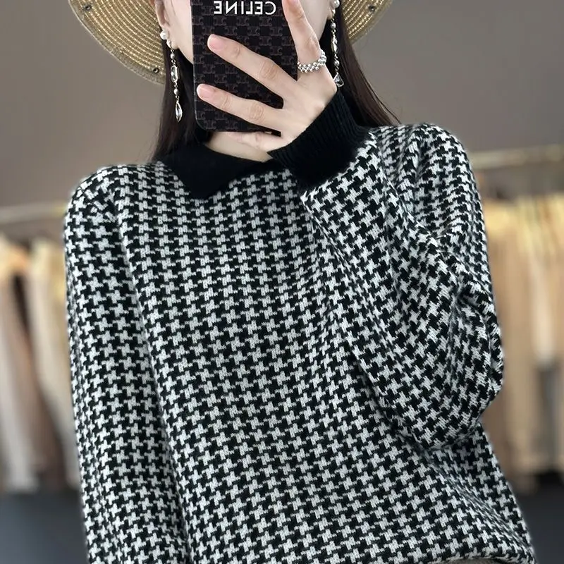 Women\'s Clothing Houndstooth Knitted Jumpers Casual Turn-down Collar Spliced 2023 Autumn Winter All-match Korean Loose Sweaters