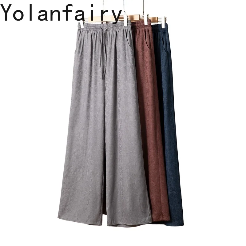 

YOLANFAIRY 100% Real Mulberry Silk Wide Leg Pants Woman Loose Casual Pants Drawstring Fashion Straight Trousers Streetwear 여자 바지