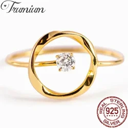 Trumium Solid 925 Sterling Silver 14k Gold Plated Hollow Circle rings for women Round Zircon Shinning Fine Jewelry Adjustable