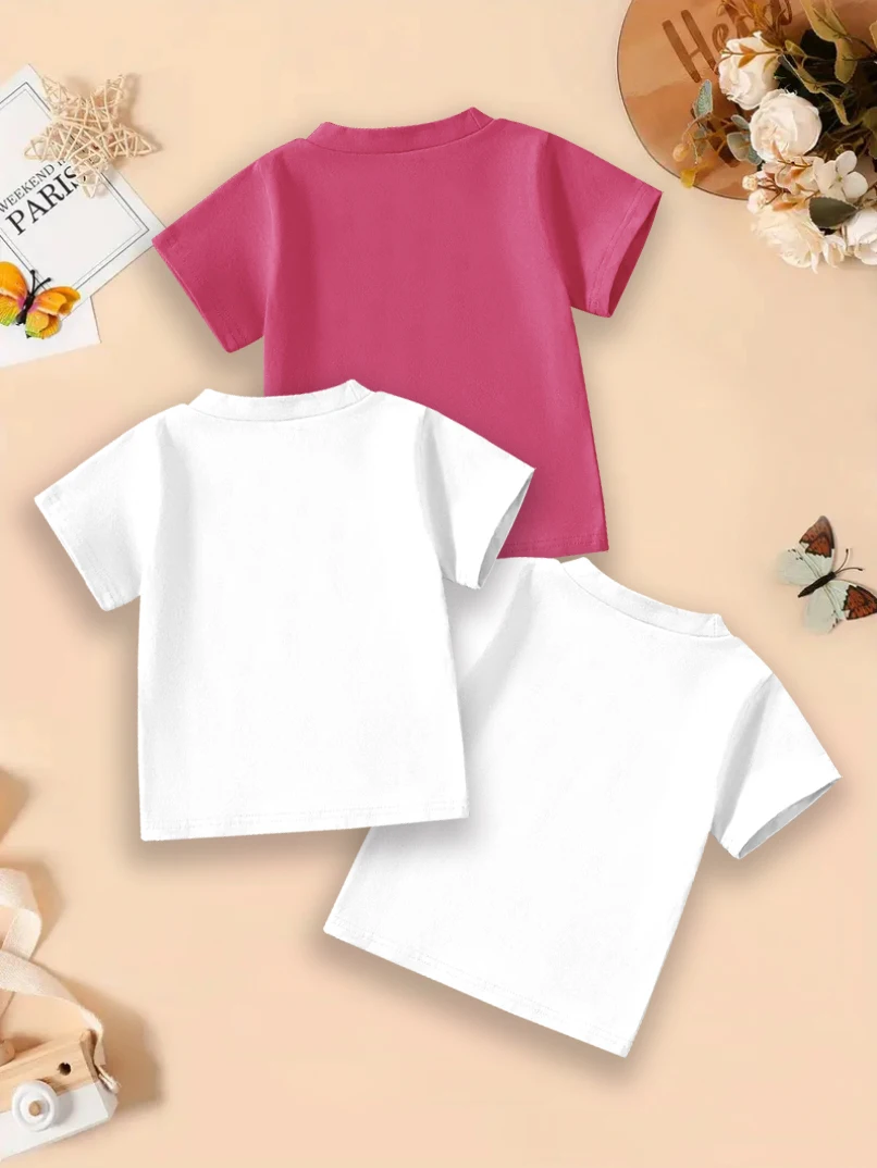 3 pieces: Girls' summer round neck short-sleeved T-shirts with cartoon bear print, suitable for going out and versatile.