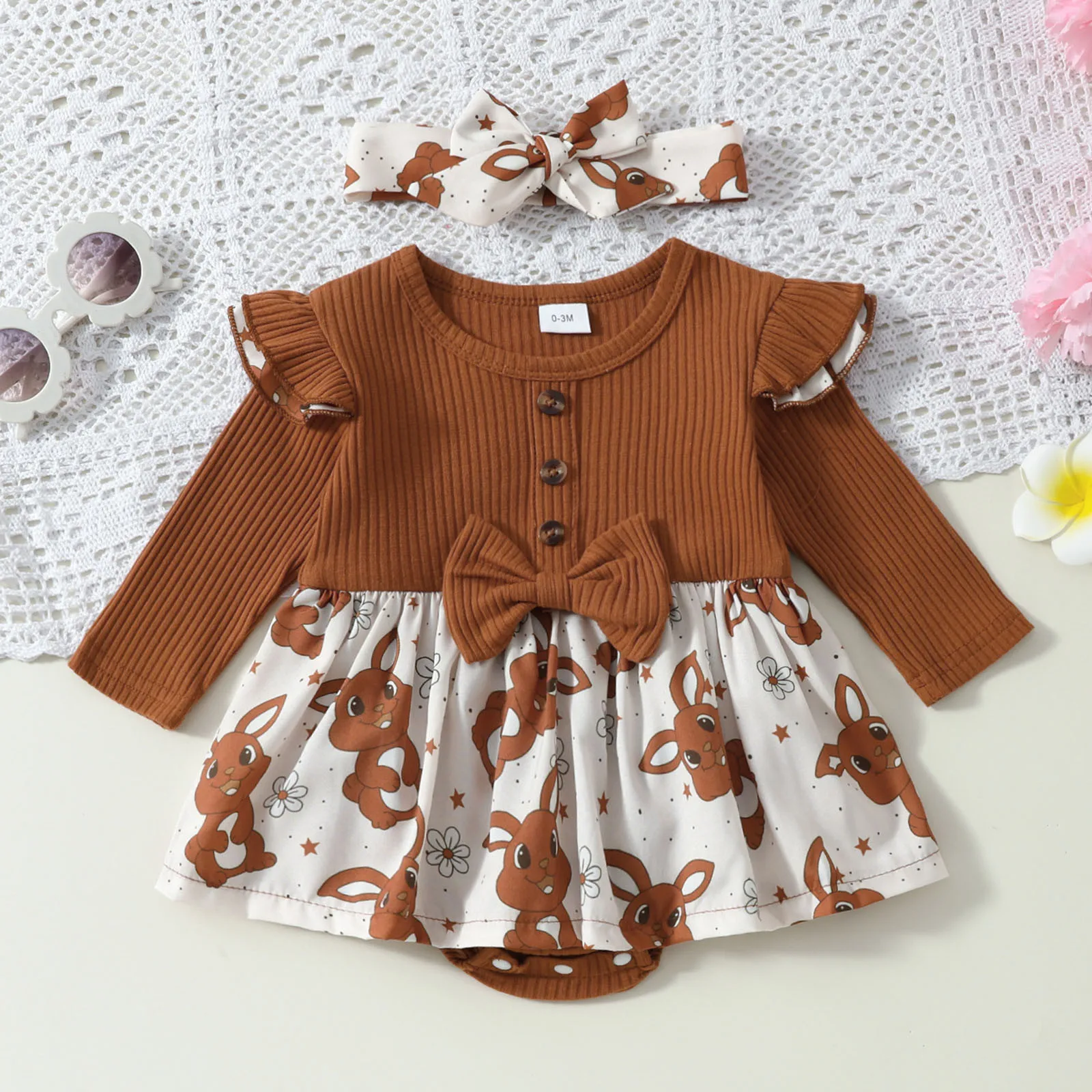 Newborn Baby Girl Romper Dress Bunny Flower Print Ribbed Ruffle Long Sleeve Bodysuit Jumpsuit+Headband Two Piece Outfits Sets