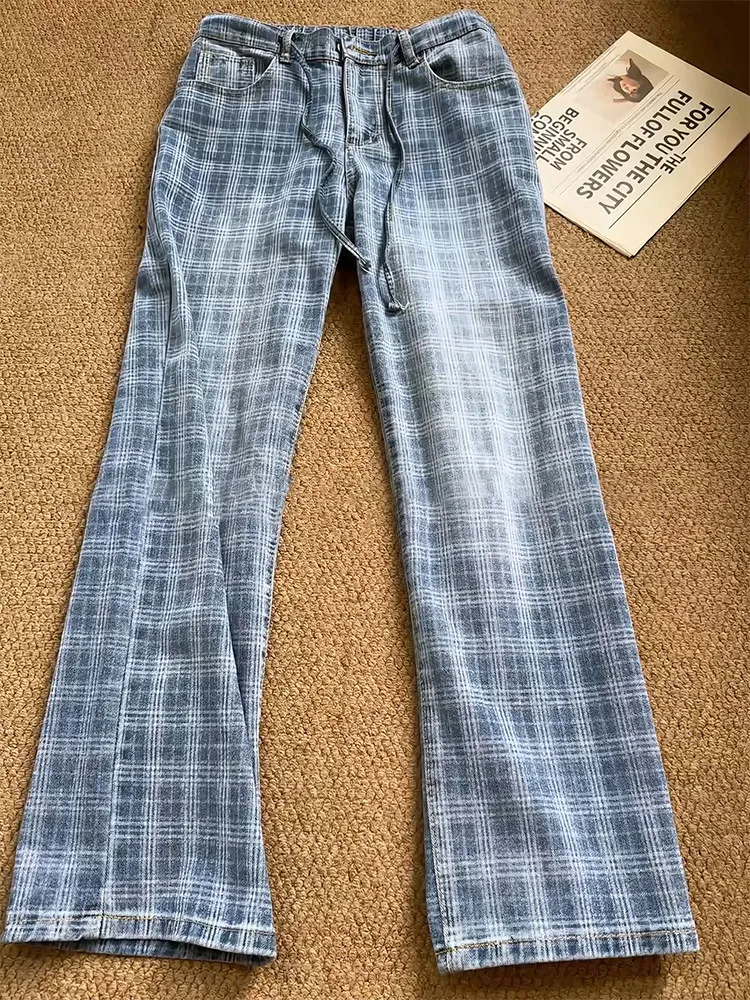 Cleanfit Blue Plaid Men's Jeans Autumn Trendy Brand Washed Old Knife Straight Leg Micro Flare Long Trousers Casual Wear