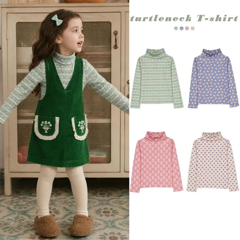 2026 AW HE Girls Mock Neck Cartoon Print Top – Country Style Long Sleeve Base Layer Shirt for Kids