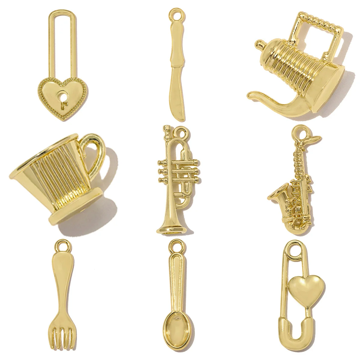 10pcs/lot Gold Plated Coffee Cup Pins DIY Earring Charm Women High Polished Spoon Saxophone Heart Necklace Pendant Jewelry