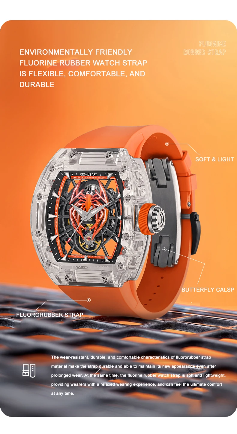 CRONUSART Мужские автоматические часы 50 мм Механические наручные часы Tonneau Акриловый корпус Светящийся ремешок из фторкаучука Полый циферблат