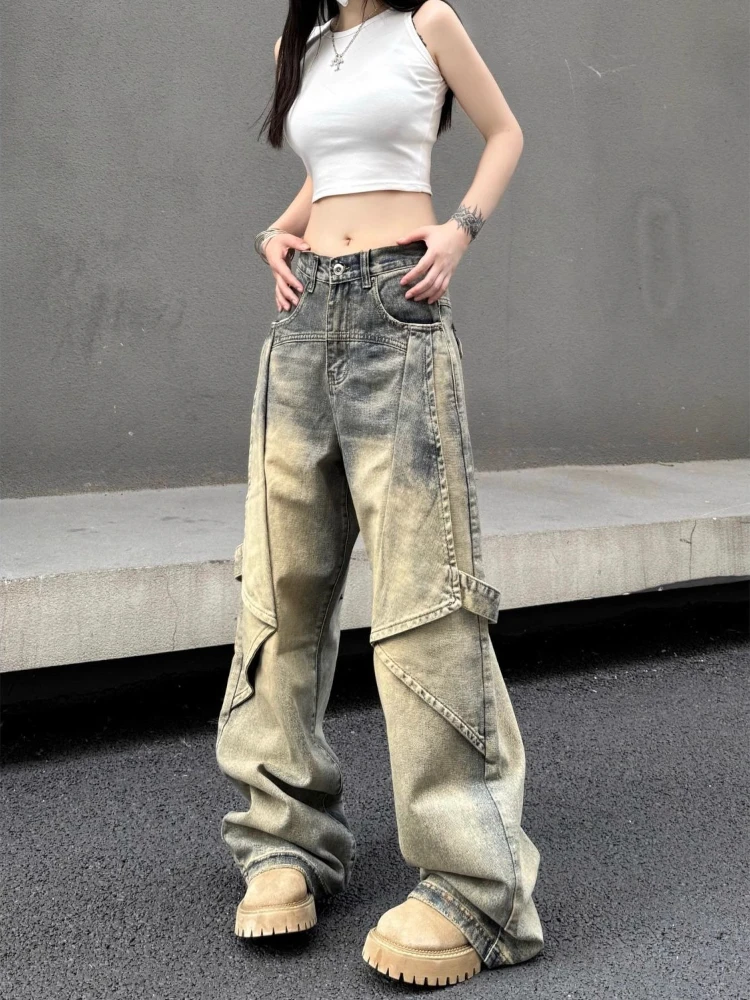 

American Vintage Jeans High Waist Harajuku Streetwear Patchwork Design Wide Leg Pants Y2k Casual Loose All Match Women Clothing