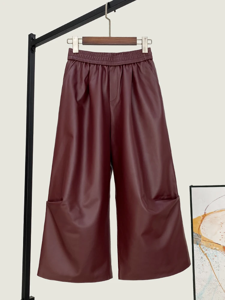 

Fashion New Red Sheepskin Leather Pants Women Spring High Quality Genuine Real Wide Leg Female Loose All-Match Cropped