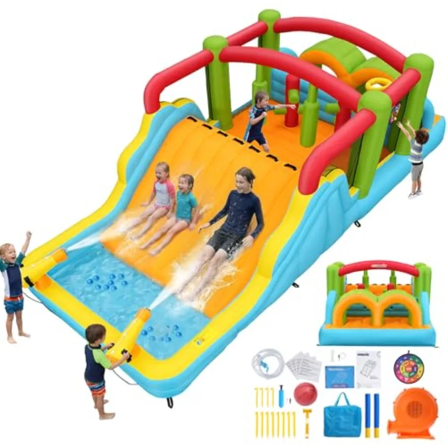 

Big Bounce House for 3-12 Inflatable Obstacle Course with Splash Play Zone Water Cannon Backyard Indoor/Outdoor Adventure Fun B