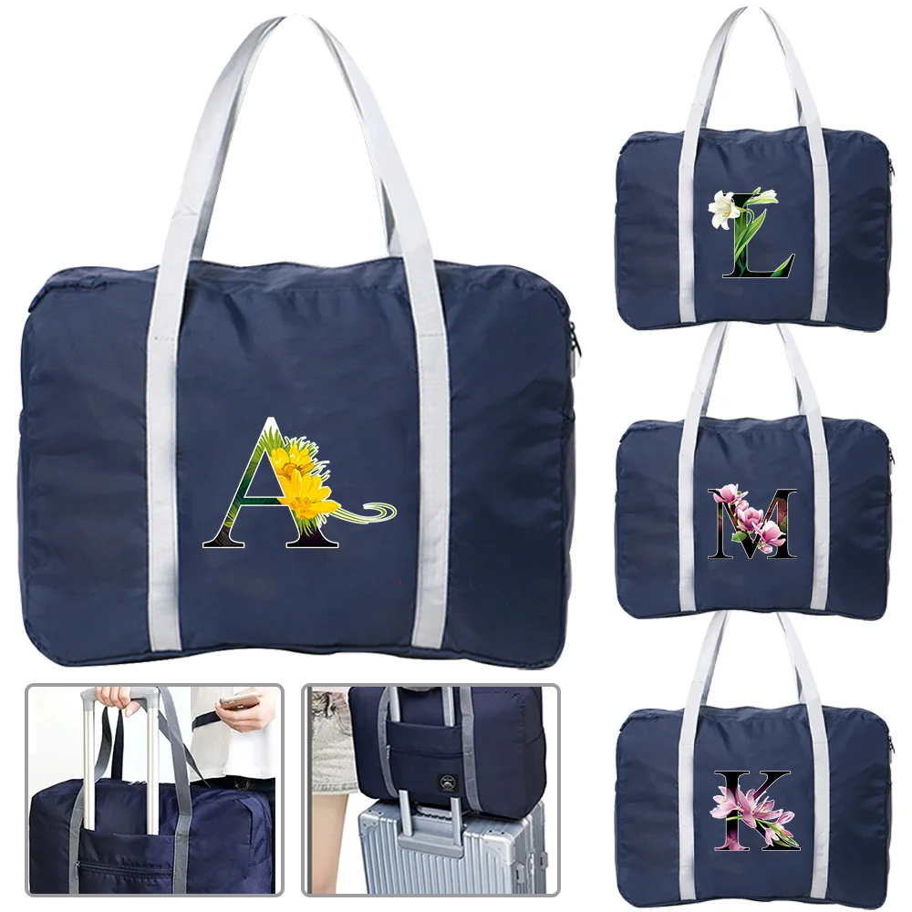 

Travel Handbag with Blue Letter Printing Foldable Waterproof Storage Bag Travel Boarding Luggage Clothes Handbag