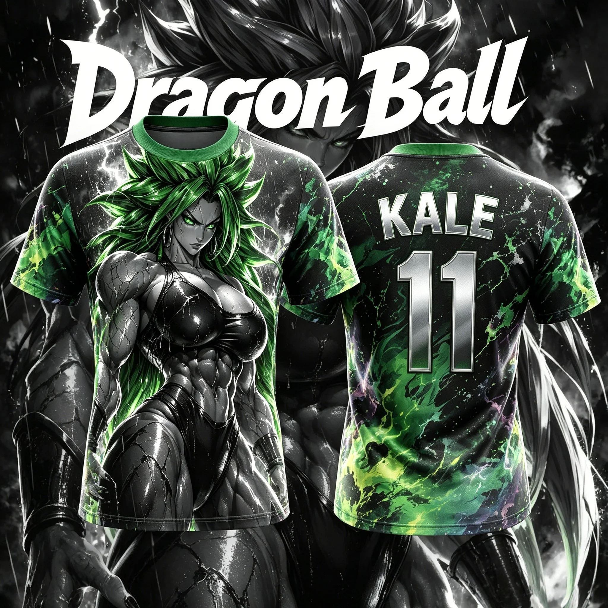 Camiseta Deportiva Transpirable de Secado Rápido con Estampado de Tinta Negra y Verde de Dragon Ball Super Kale No. 11 para Hombre, para Fanáticos del Anime