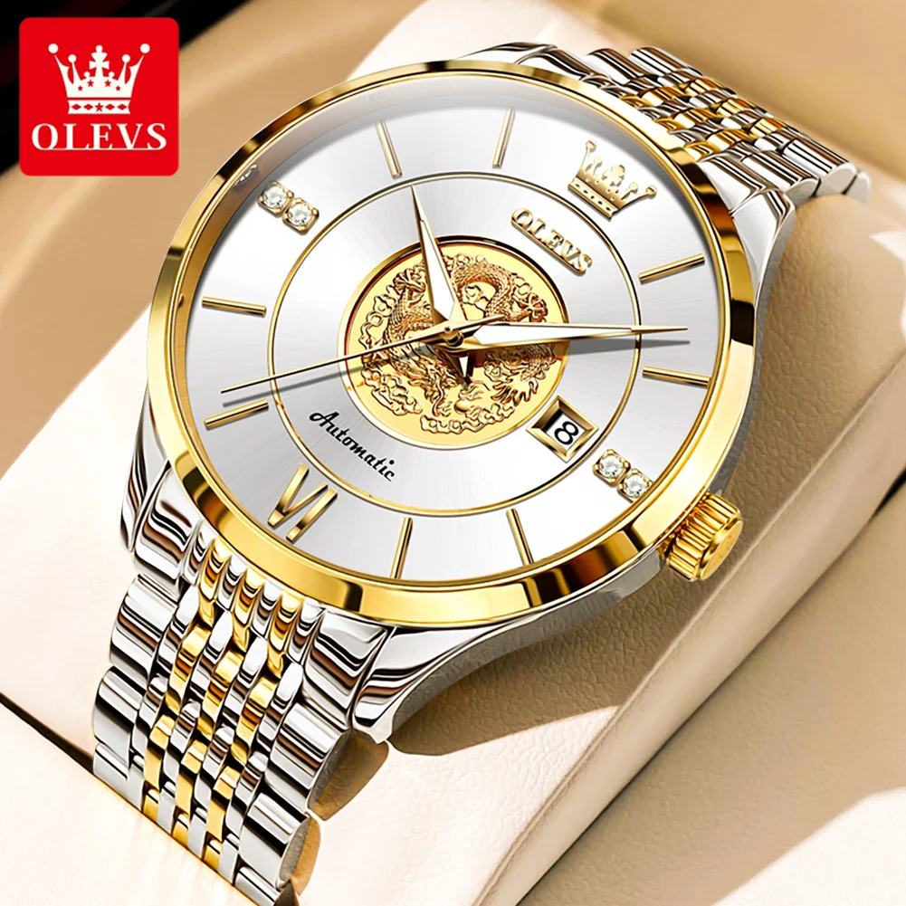 

OLEVS Luxury Men's Chinese Dragon Dial Automatic Mechanical Watch Original Stainless Steel Waterproof Luminous Date Men's Watch