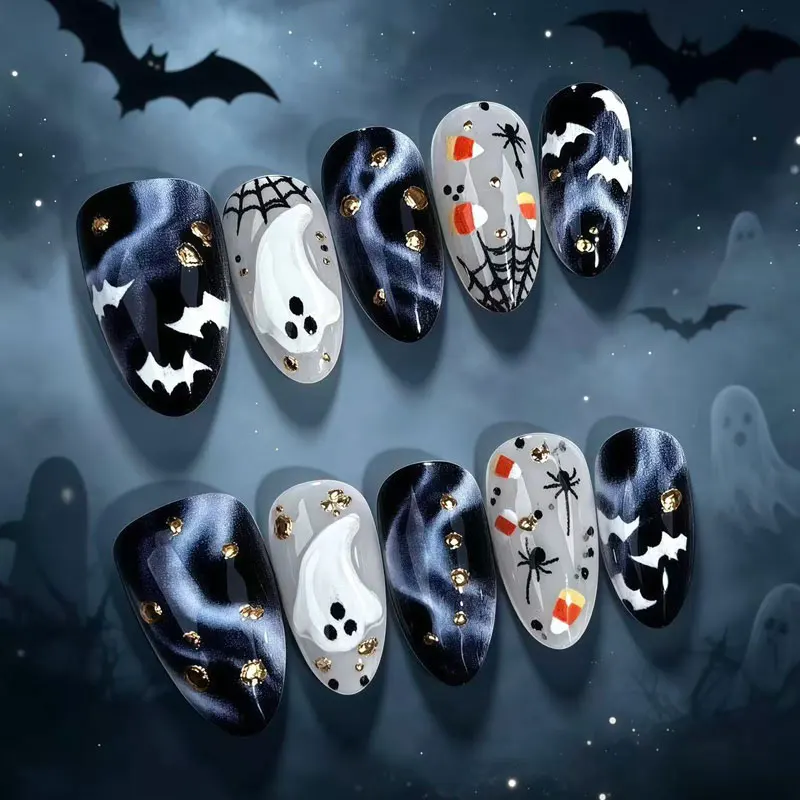 10 Stück 3D Geister-Kürbis Katzenaugen-Kunstnägel mit rauer Textur, Halloween-Nägel, europäische & amerikanische Nagelaufkleber, künstliche Nägel – Detail 9