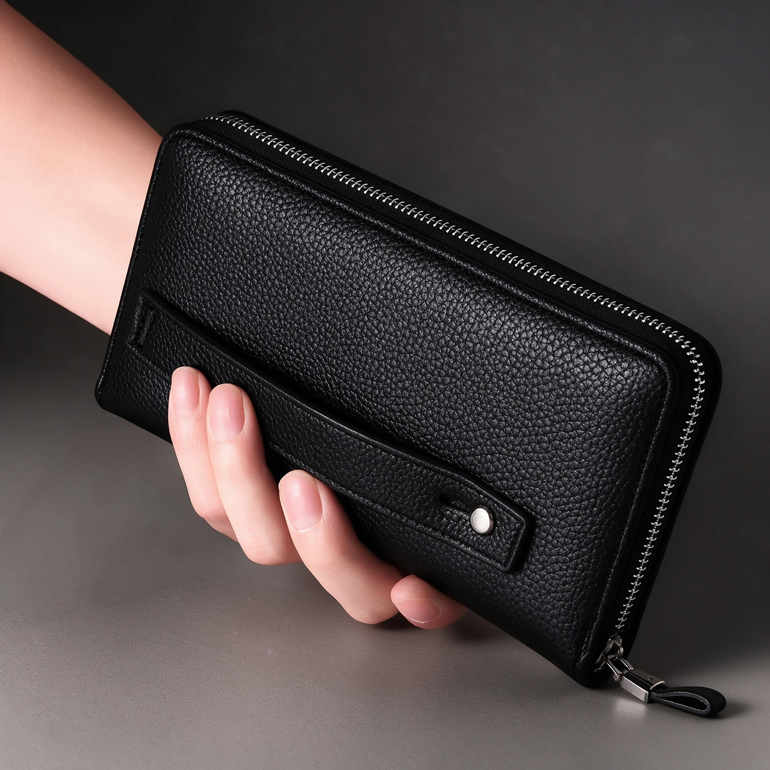 Men's PU Leather Long Zipper Wallet, Large Capacity Zip Around Clutch with Wrist Strap, 8 Card Slots, Coin Pocket, Phone Holder