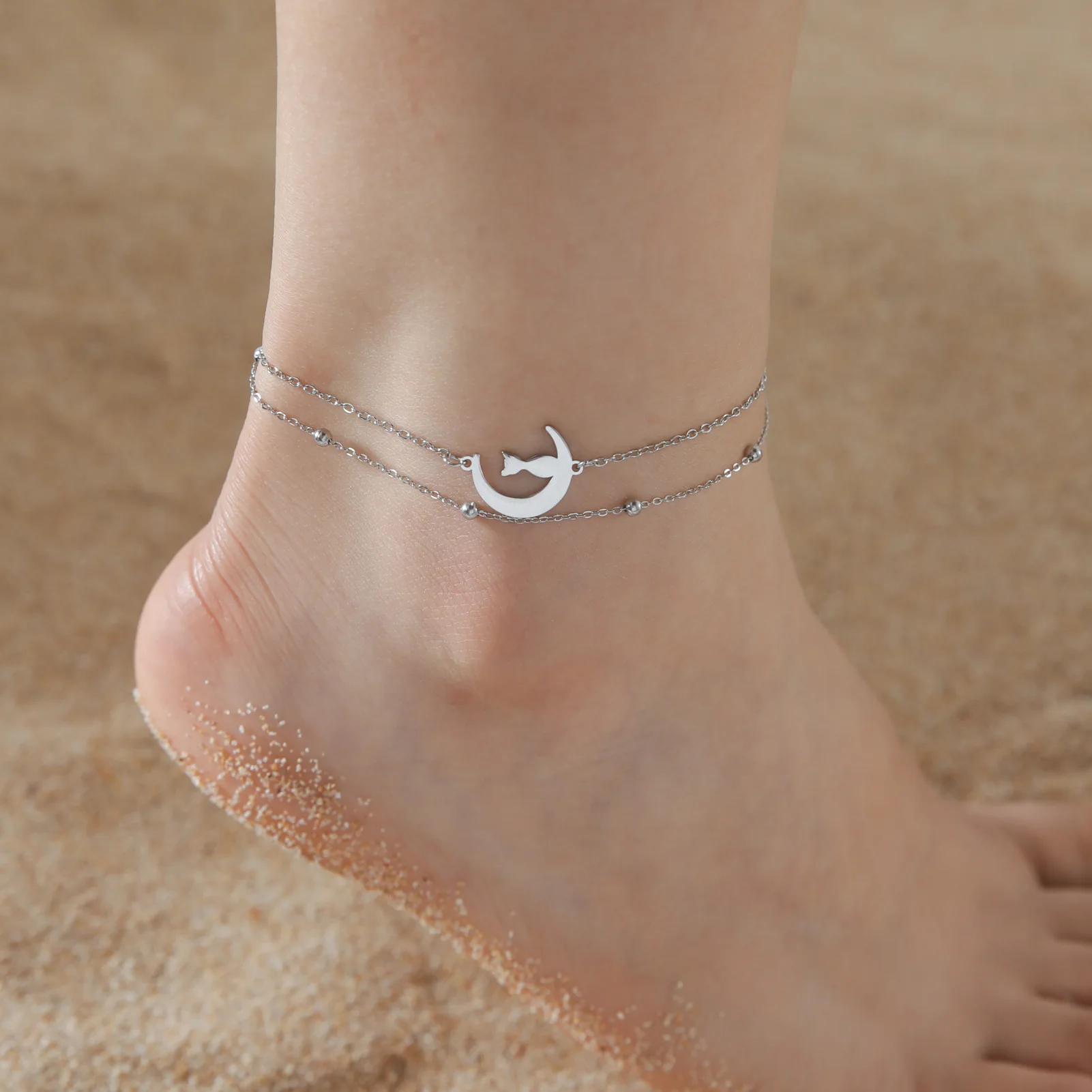 HIPEE Cute Animal Pendant Anklets For Women Moonlit Squatting Cat Anklet Double Layer Bead Chain Feet Chain Summer Beach Jewelry