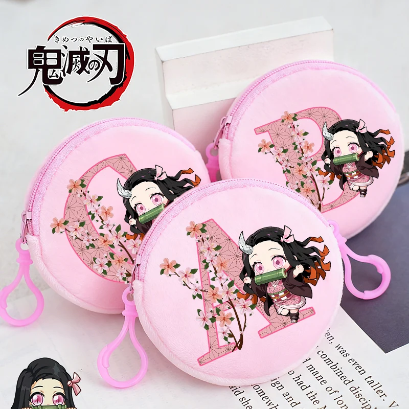 

Demon Slayer Wallet Anime Figure Nezuko Coin Purse Letters Printed Key Earphones Storage Pouch Cute Round Mini Zero Wallet Gift