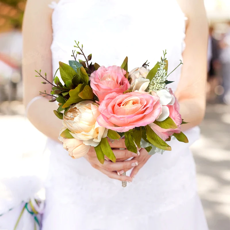 Pink Silk Bouquets Artificial Forest Hydrangea Peony Wedding Bride Hand Bouquet Home Garden Desktop Flower Arrangement Decor