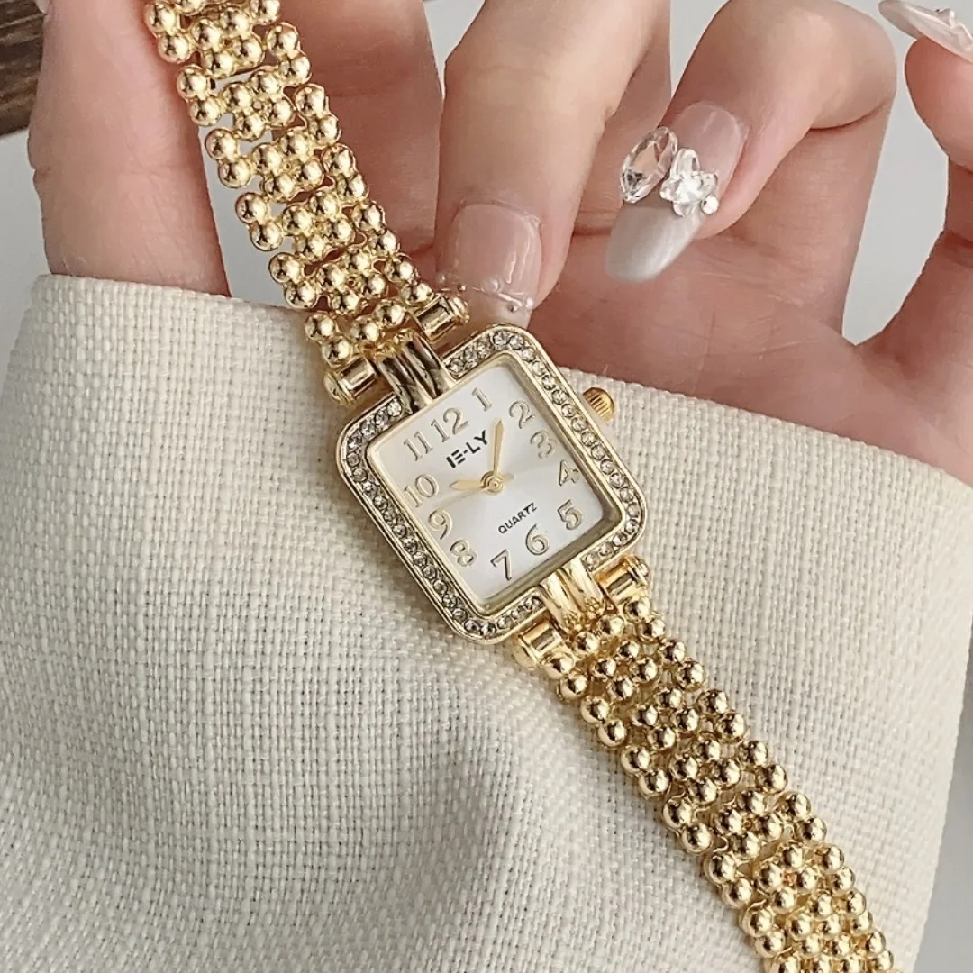 ساعة مربعة للنساء سوار ذهب ساعات كوارتز نسائية حجر الراين ساعة يد نسائية بسيطة ساعة ساتي Relojes