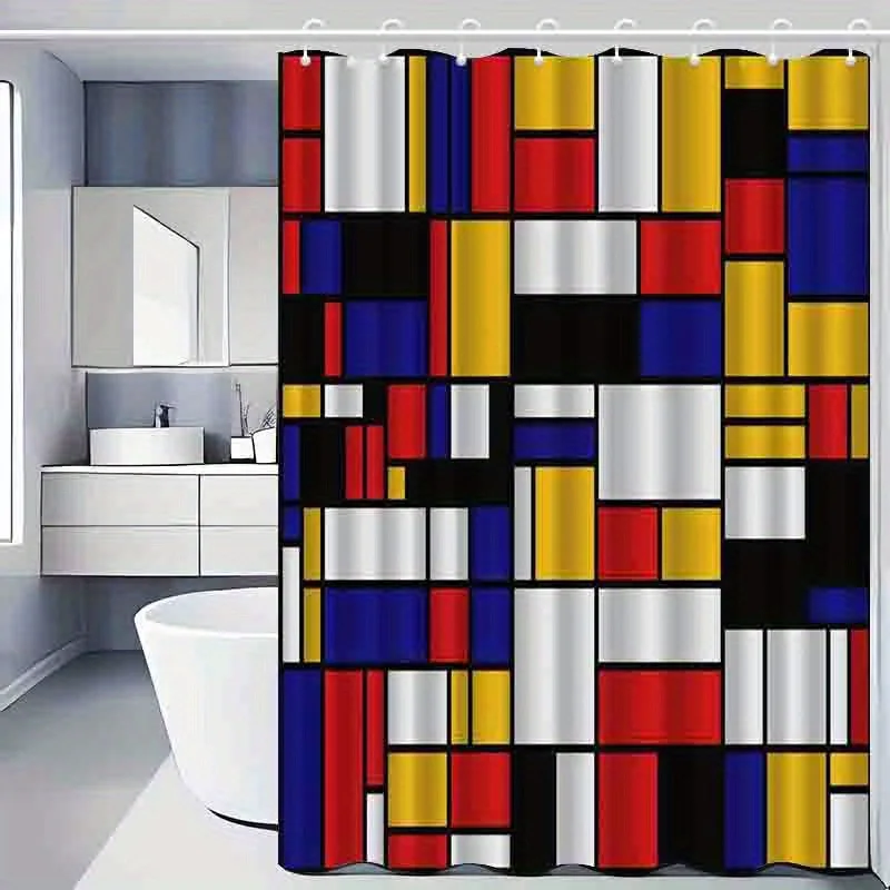 JIT1pcs Mondrian Modern Minimalist Color Block Art Shower Curtain, High-end Elegant Bathroom Curtain, Multifunctional Shower Cur