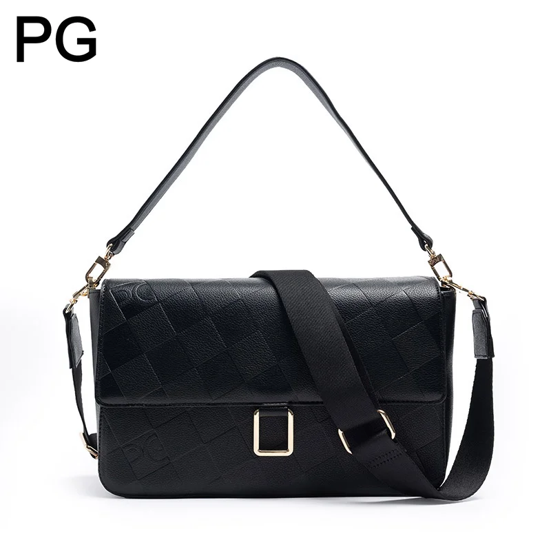 

PG Embossed Checkered Flap Crossbody Bag Women Square Metal Buckle Adjustable Wide Strap Solid Color Essential Daily Purses