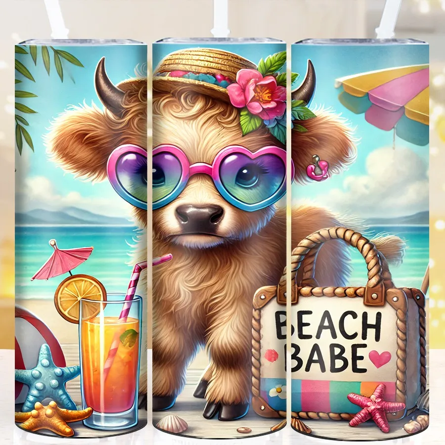 20oz Hawaii Seaside Summer Cow Party Tumblers Straw Lid Stainless Straight Coffee Mugs 1Pc Insulated Outdoor Travel Vacuum Cups