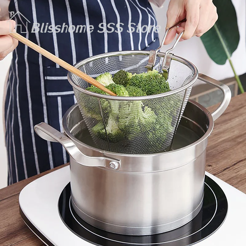【S】High French Chip Frying Strainer Basket Stainless Steel Deep Kitchen Round Fryer Wire Mesh Handle Colander Nets