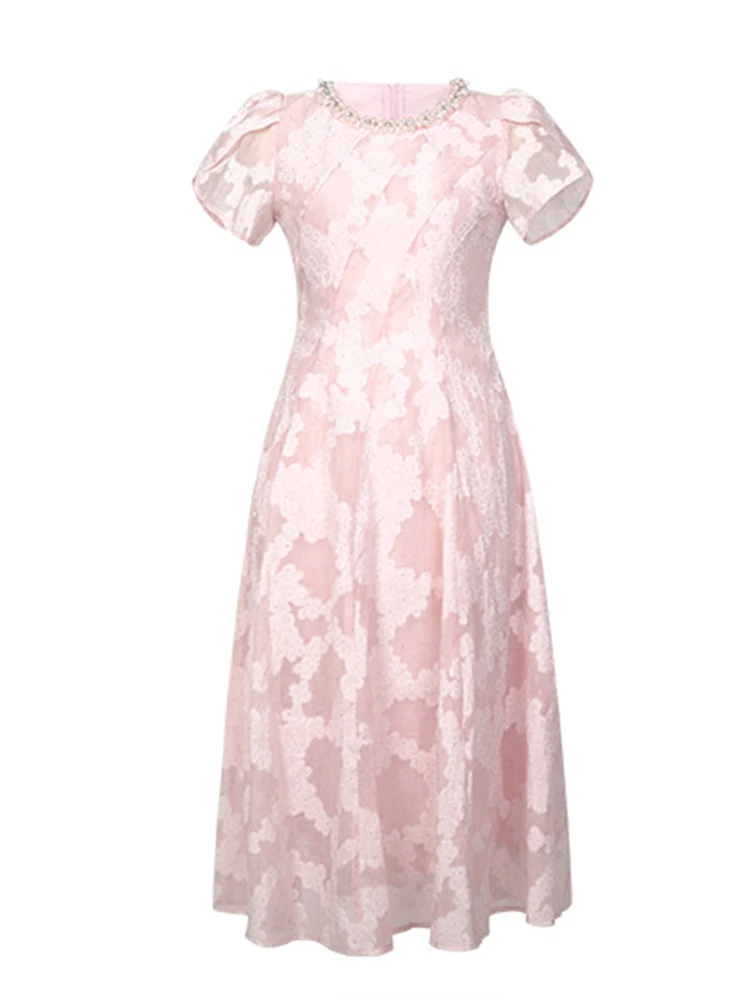 Nuove donne estive abiti rosa perla girocollo volant manica corta maxi abito abito dolce ed elegante abito da sera da ballo per feste da donna