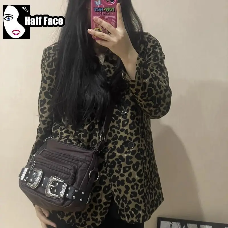 Y2K Girls Harajuku Gothic Punk One Shoulder Lolita Leather Belt Retro Color Wiping Motorcycle Women Underarm Crossbody Bags Tote