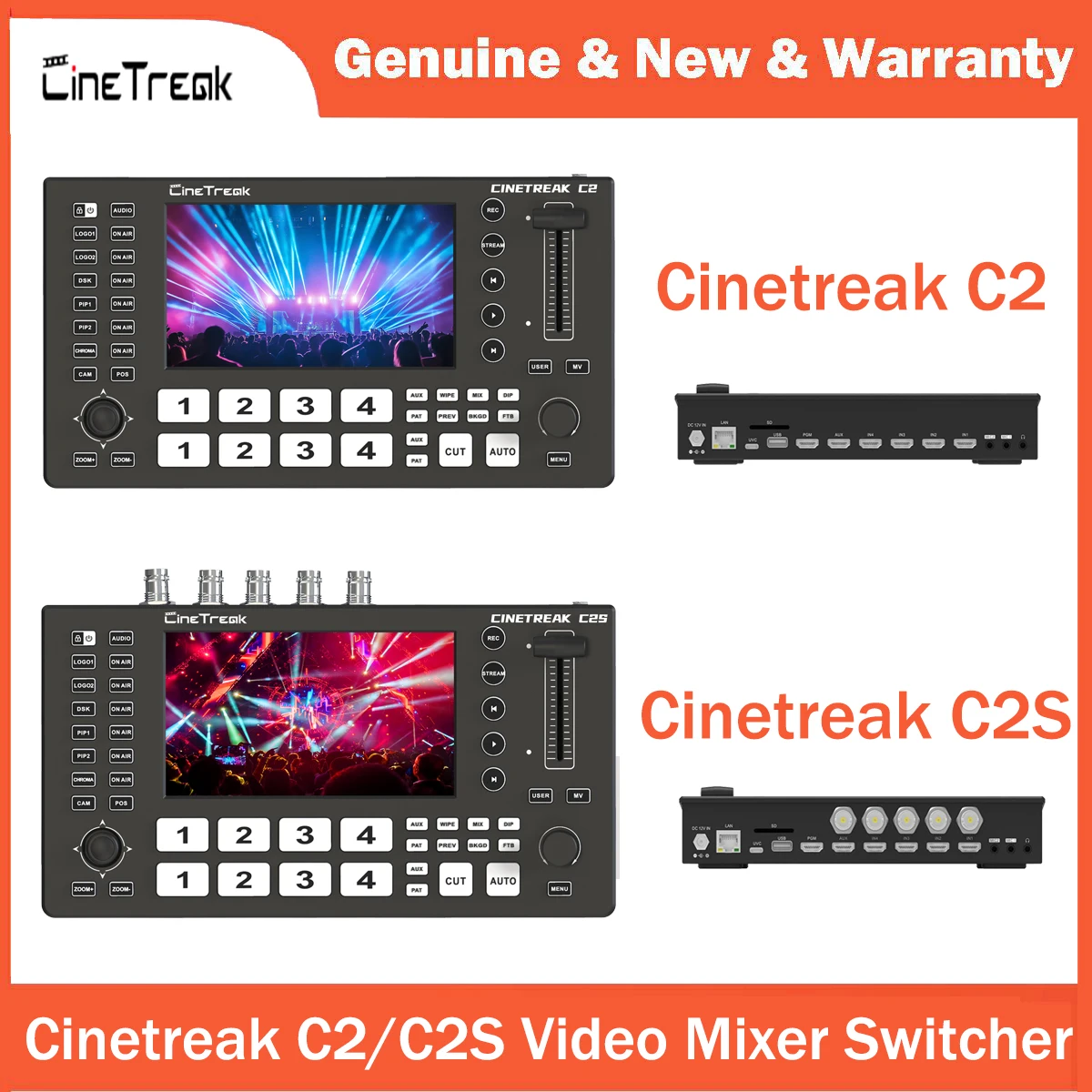 Cinetreak C2/C2S 5 Channel Multi-Camera Video Mixer Switcher with HDMI/SDI 5.5'' Screen/Multi-Format PTZ Control for Livestream