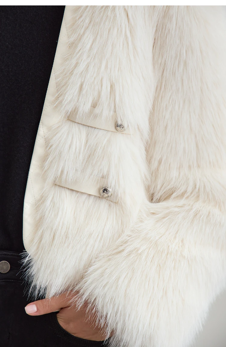 AMII 2026 Winter New Fur Jacket Solid Color Modern Warm Outerwear V-neck Imitation Fur Loose Spliced PU Top Female 12424012