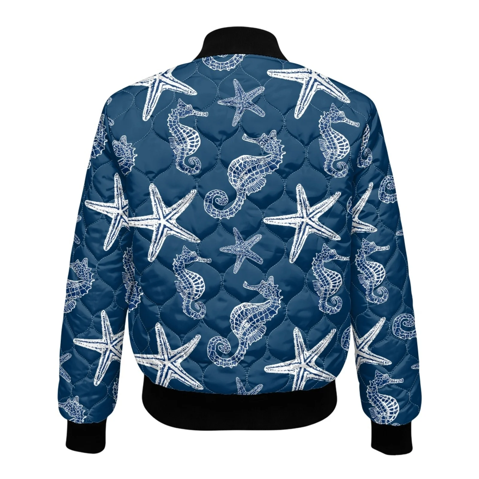 PENSTROLL Seahorse Starfish Women Casual Quilted Zip up Bomber Jacket with Pockets Cozy Long Sleeve Coat for Commuting