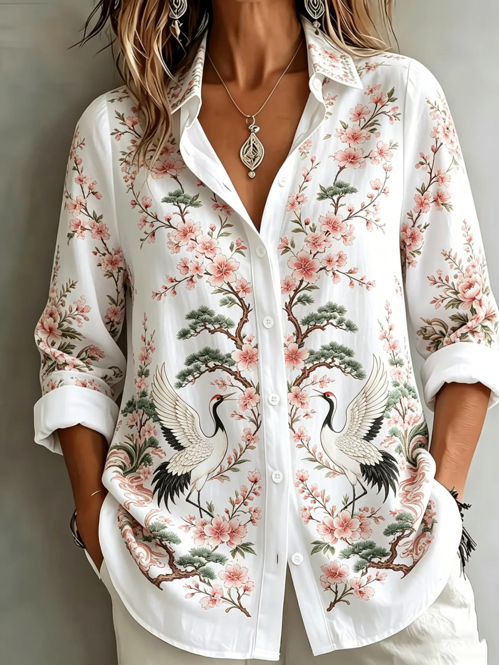 Women's Spring Summer Green Peacock Paisley Floral Print Button Down Collared Shirt, Casual Daily Printed Blouse