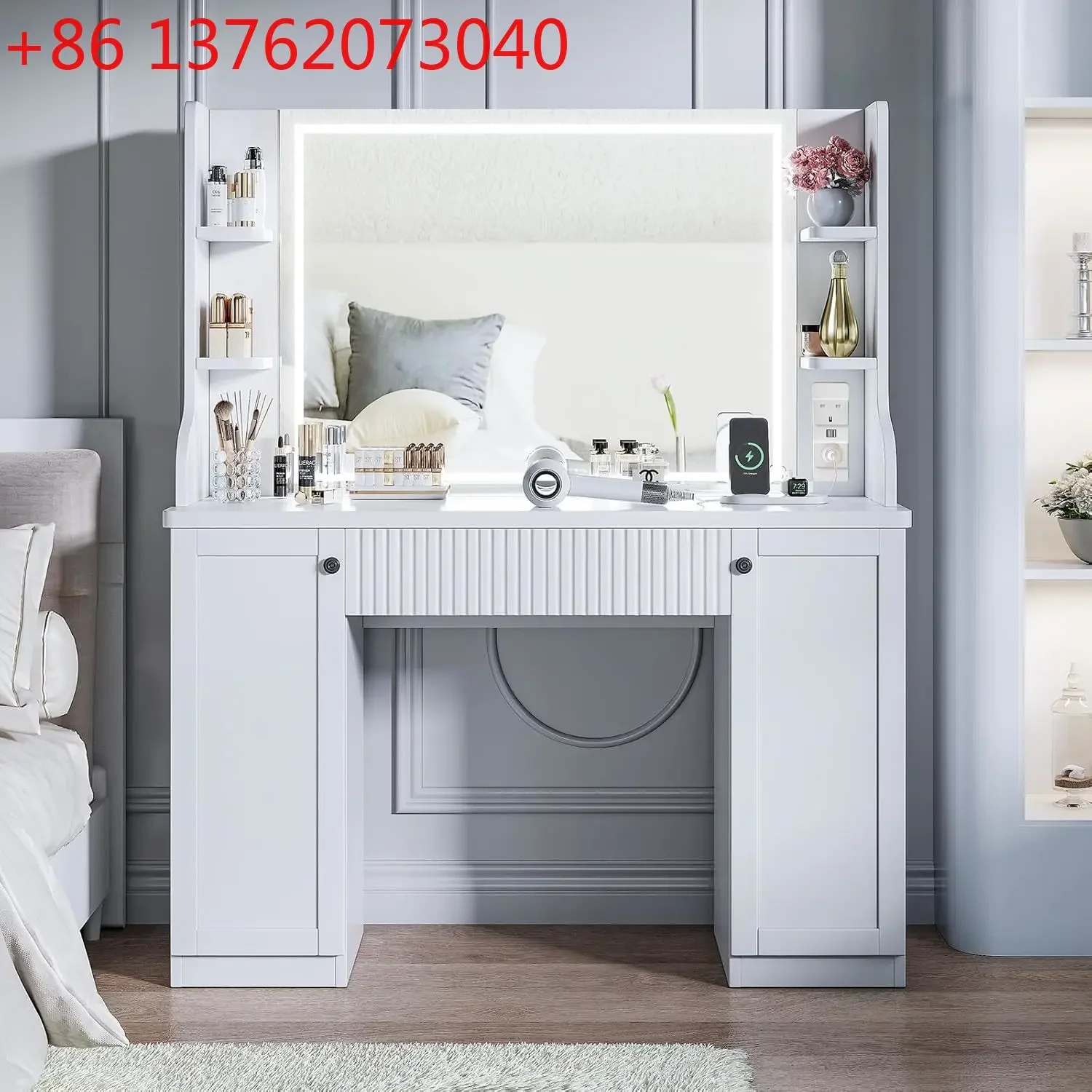 Modern Design Wooden Dressing Table with 10 Glass Desktop LED Light Makeup Mirror Versatile for Home Hotel or Bedroom Use