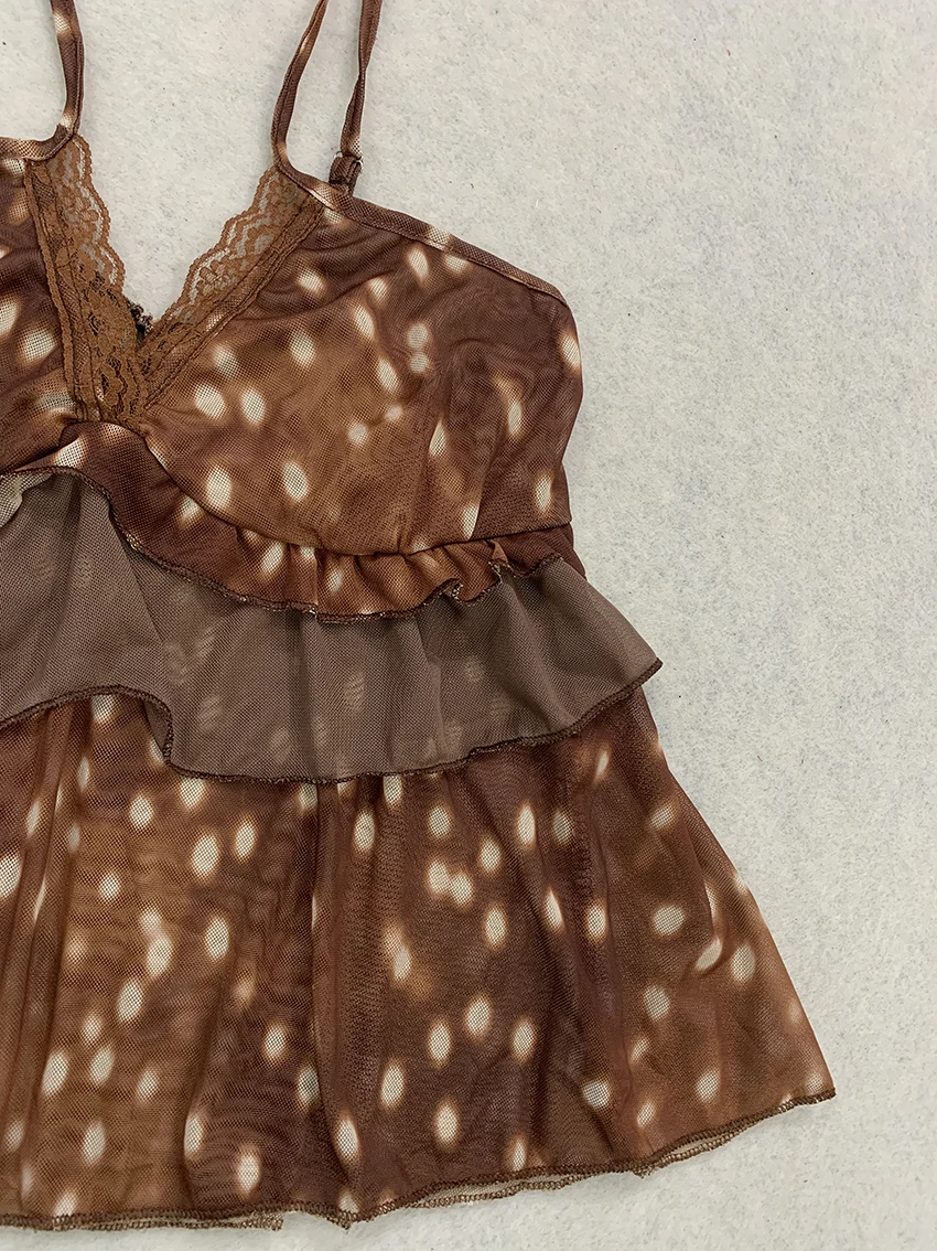 Modische Sexy Schlanke Pure Desire Damen-Weste Y2K Amerikanischer Retro-Leopardenprint Trägerhemd mit V-Ausschnitt und Doppellagiger Rüschenkante – Detail 21