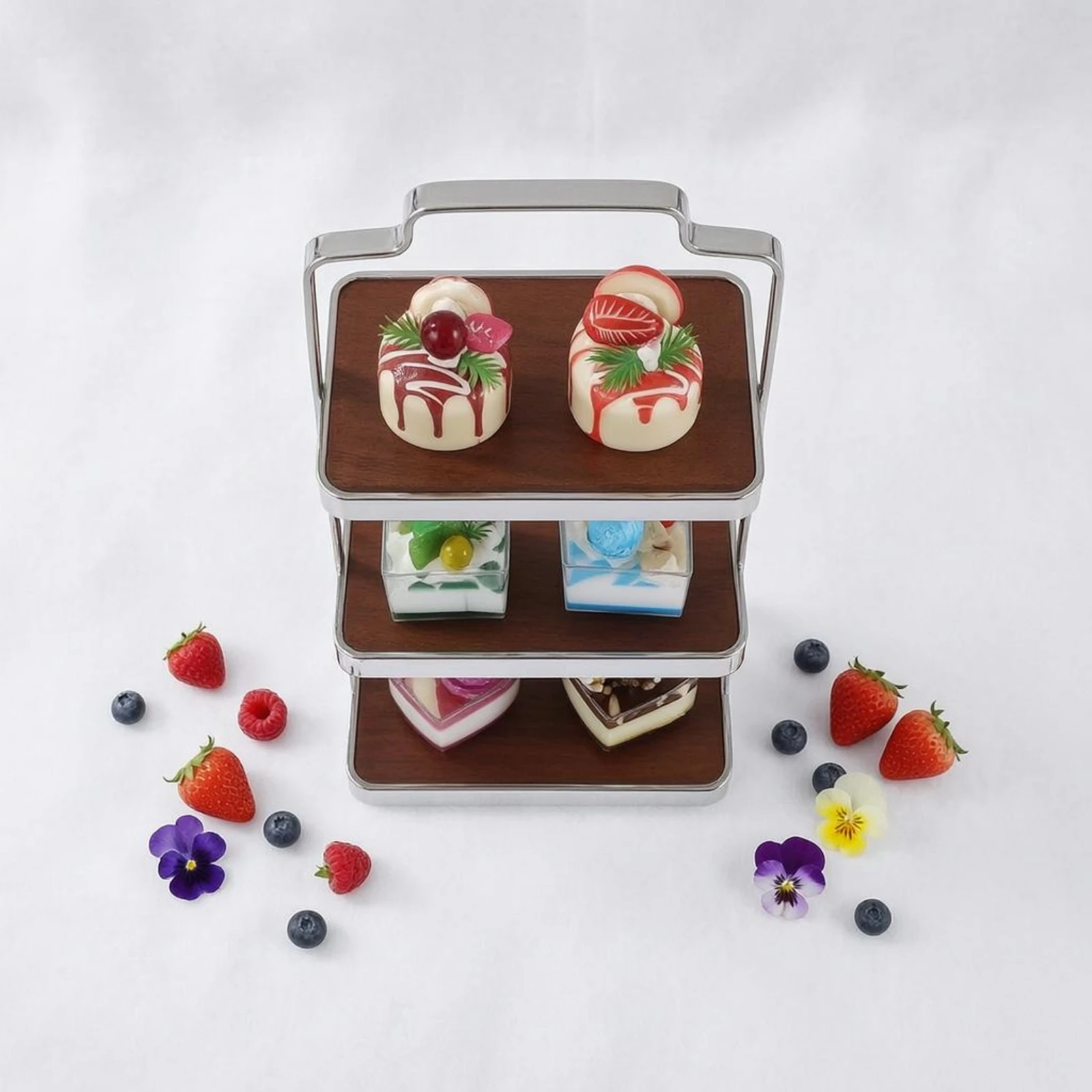

Three-Tier Dessert Stand Polished Metal Wood-Tone Dessert Tray Stand Tiered Serving Tray Stable-Looking Tableware Easy to Clean