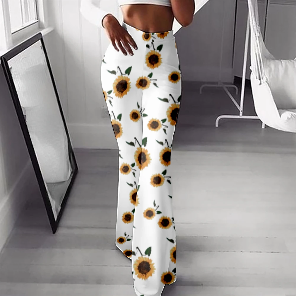 Spring Summer Sunflower Flared Women Pants Streetwear Women Yoga Pants Casual Stylish Trousers Y2K Pantalon Soft Capris Elegant