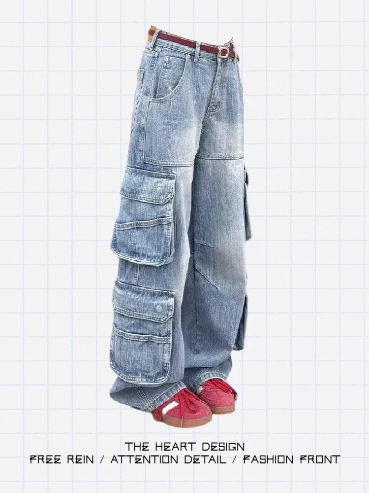 

Свободные джинсовые брюки с высокой талией для женщин: модный дизайн, широкие прямые штанины, уличный стиль, длинные брюки с множеством карманов.