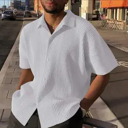 New Mens Loose Fitting Shirt Street Trendy Casual Shirt Hawaii Beach Striped Male Top