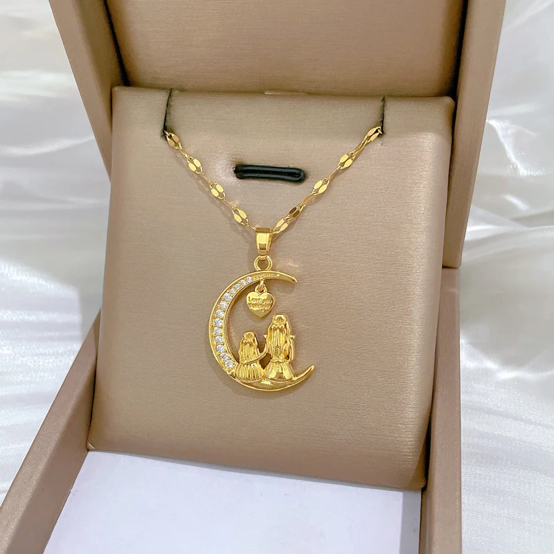 DIEYURO 316L Stainless Steel Fashion Exquisite Charm Looking At The Bright Moon Heart Necklace Trend Clavicle Chain Jewelry Gift