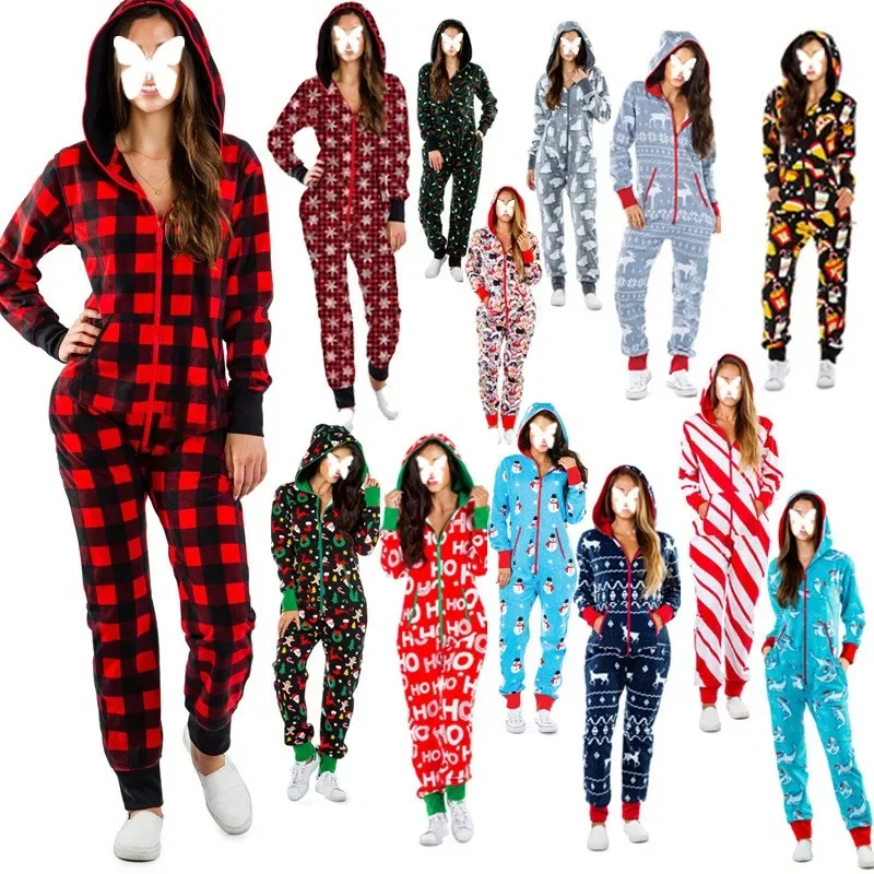 Christmas Printed Hooded Jumpsuit for Women 2023 Autumn Winter Couples New Striped Elk Zipper Pocket Pajamas Sleepwear