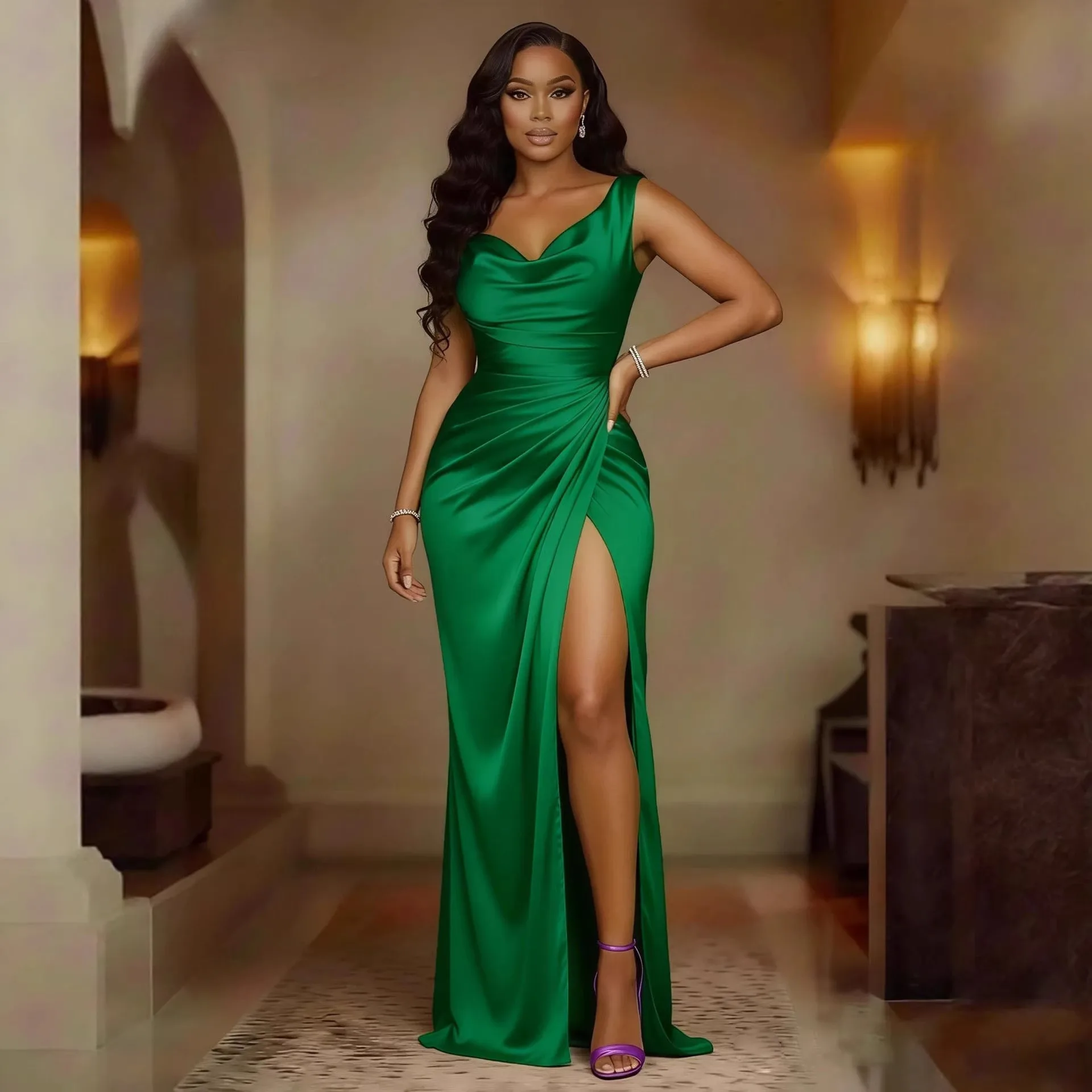 Vestido de Fiesta Elegante para Mujer, Verano 2026, Color Sólido, Cuello en V, Sin Mangas, con Abertura Lateral, para Eventos Formales y Banquetes