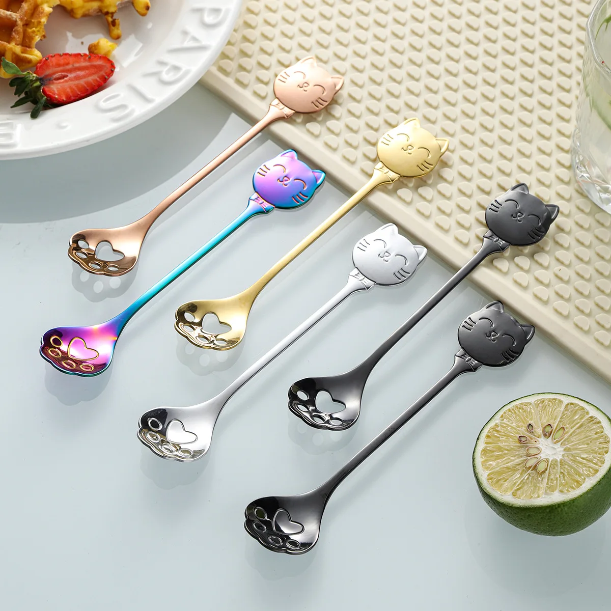 Cute Cat Claw Spoon,Stainless Steel Coffee Mixing Spoons,Ice Cream Cake Dessert Teaspoon Scoops Tableware Kitchen Accessories