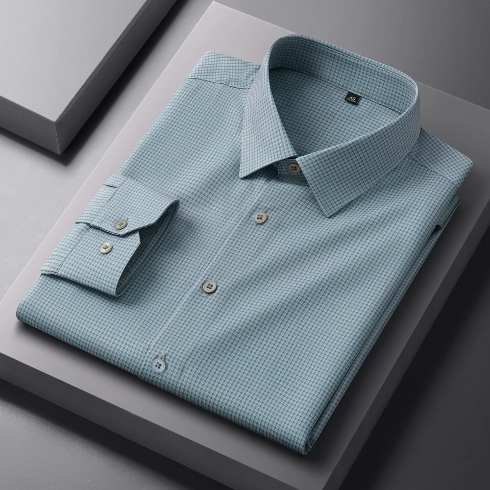 Camicie abbottonate a righe scozzesi a maniche lunghe da uomo Camicia casual da lavoro con stampa elasticizzata a 4 vie sottile e traspirante senza pieghe